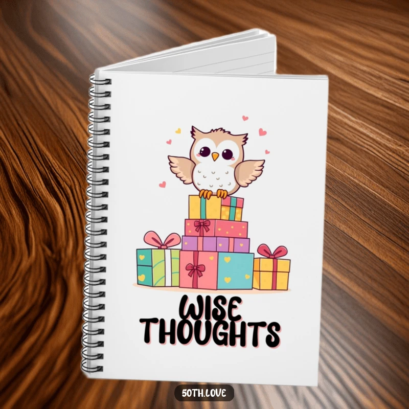 Funny notebook featuring a happy owl character hooting joyfully on a stack of colorful anniversary gifts.