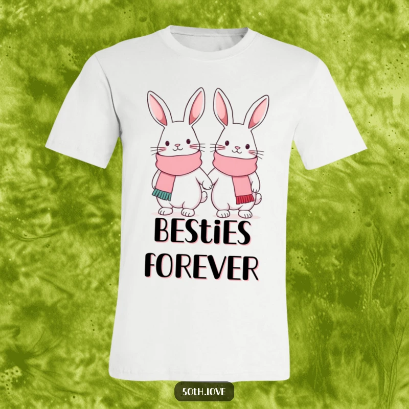 Funny best friend t-shirt featuring two cute bunnies in matching scarves, linked arm-in-arm, celebrating friendship and camaraderie.