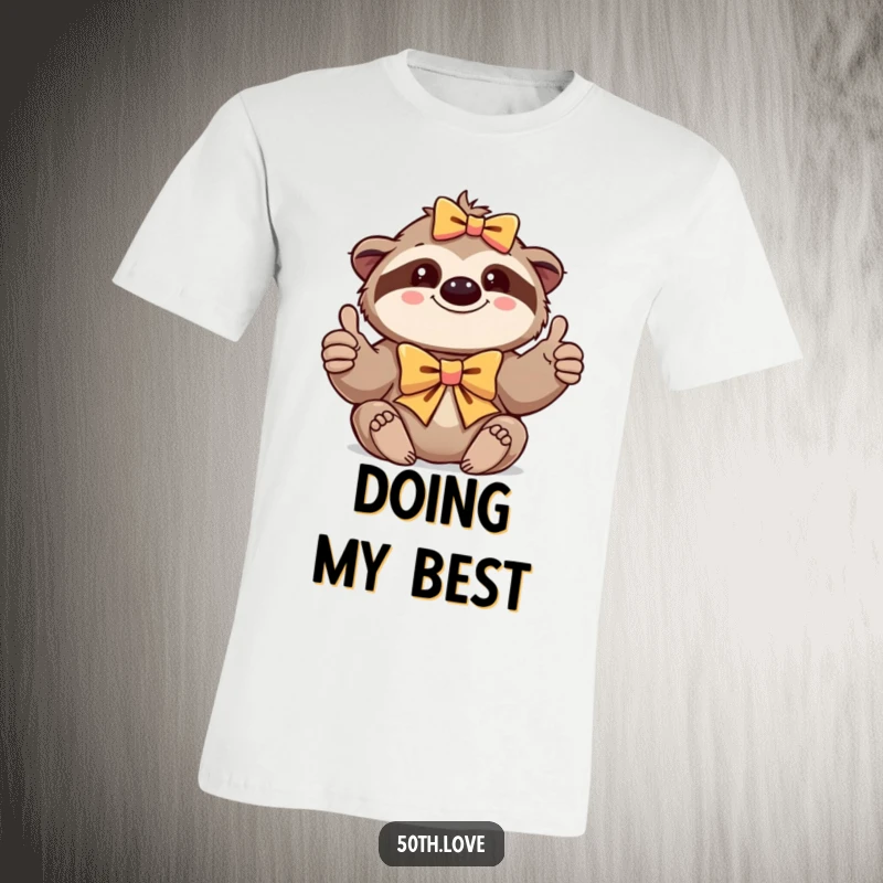 Funny T-shirt with a content sloth wearing a bow, giving a positive thumbs-up, embodying relaxed joy.