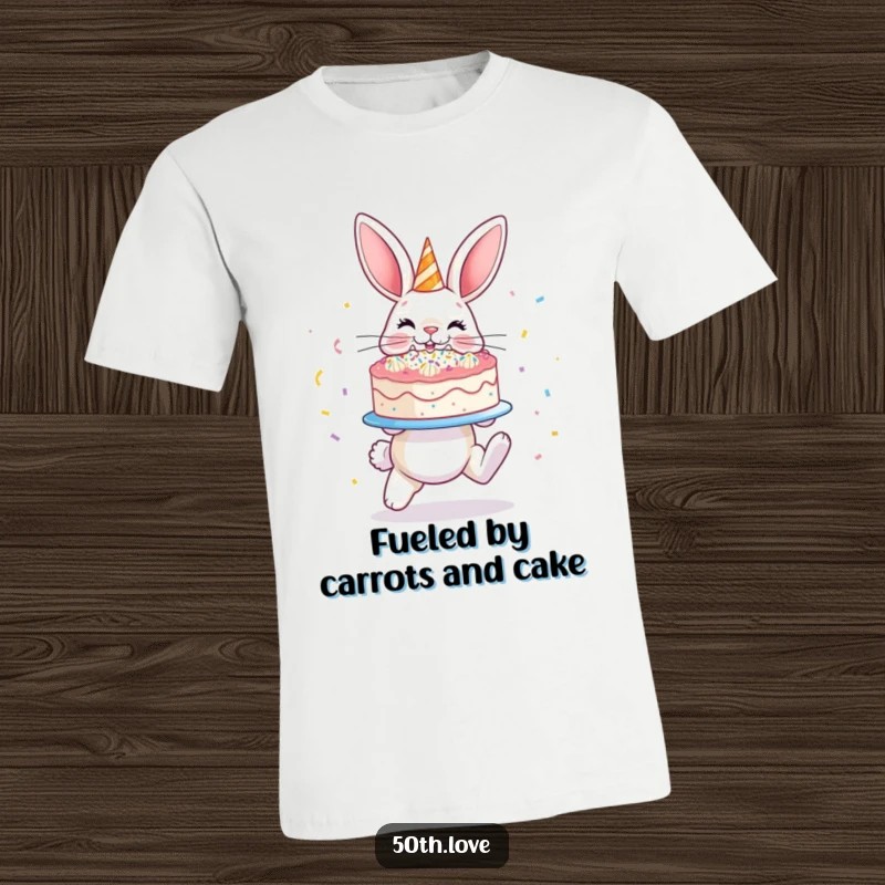 Funny 'Bunny Cake' T-Shirt: A happy hopping bunny presents a sparkling cake covered in confetti, ready to party.
