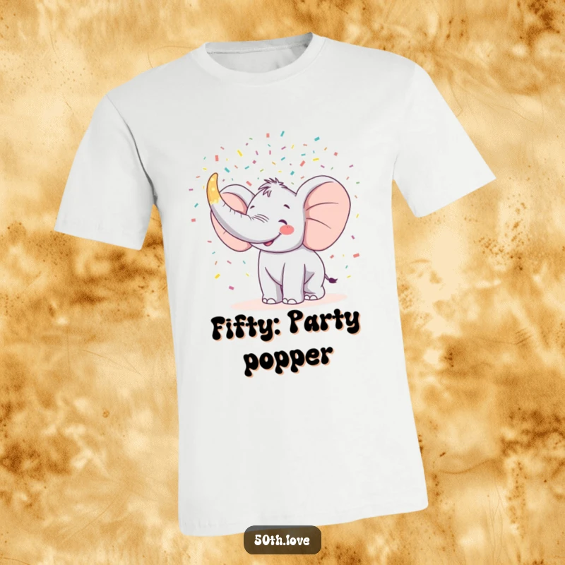 Funny t-shirt featuring a happy elephant blowing confetti from a large horn shaped like the number 50.