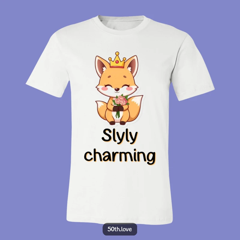 Funny Fox King T-Shirt: Giggling Character Winks Holding Flower Bouquet
