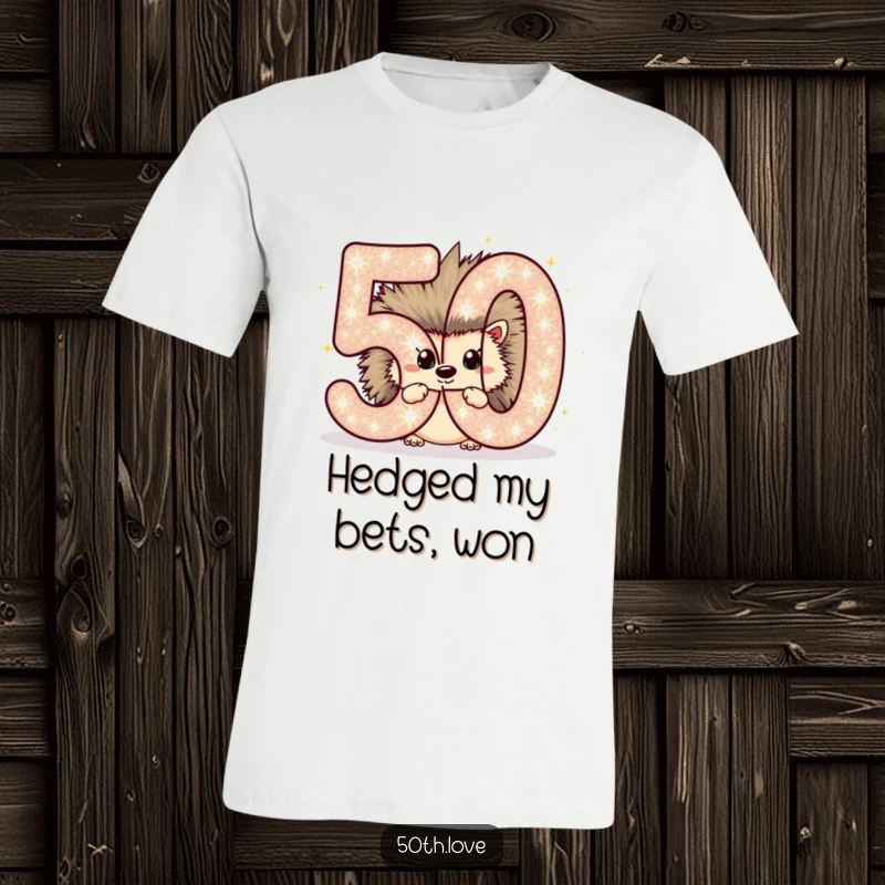 Funny T-shirt featuring a chubby hedgehog peeking from behind a sparkling number 50, perfect for a 50th birthday.