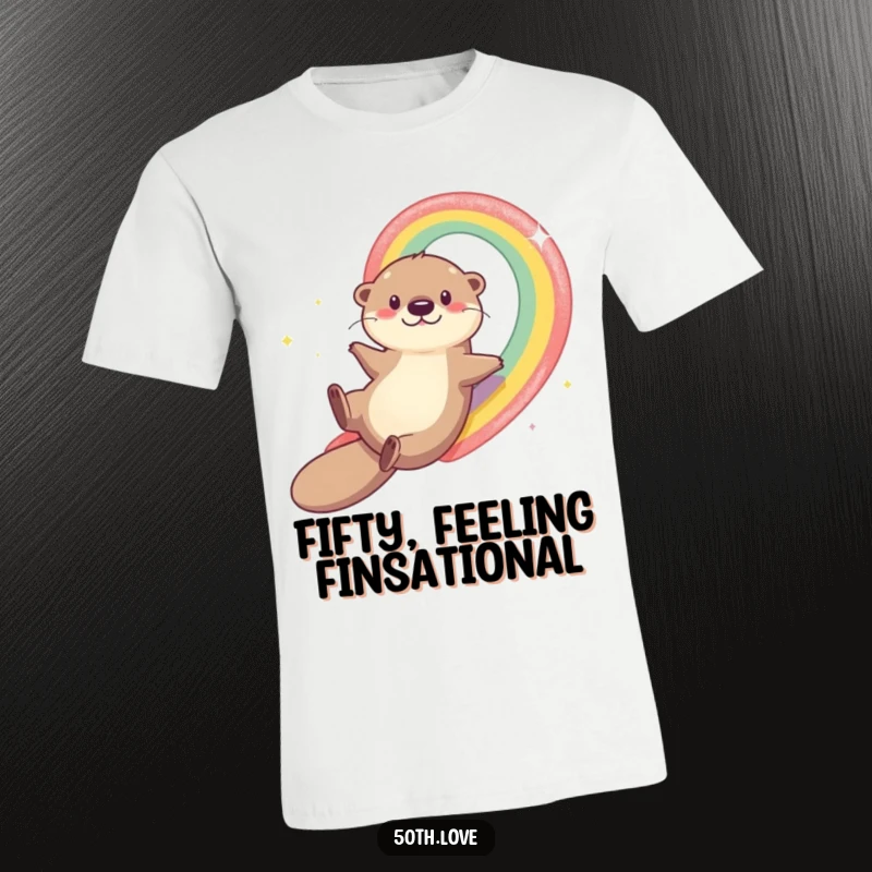 Funny otter excitedly sliding down a vibrant rainbow towards the number 50 on a t-shirt, perfect for a 50th birthday party.