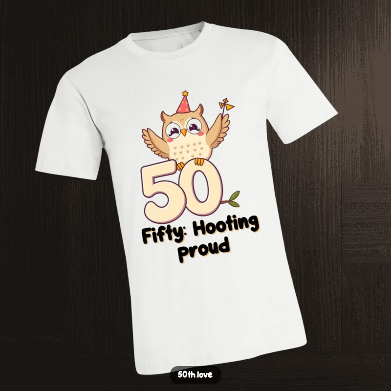 Funny t-shirt featuring a delighted owl sitting on a '50', waving a tiny festive banner.