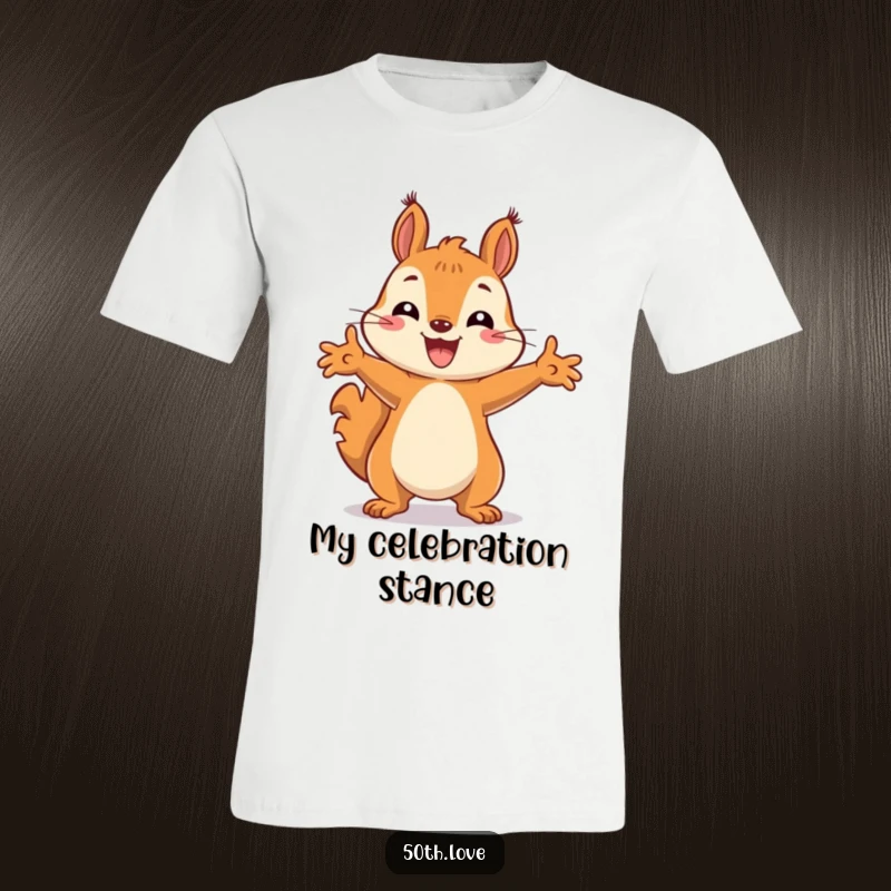 Funny T-shirt showcasing a happy squirrel mid-celebration, paws in the air, embodying pure, unadulterated fun.