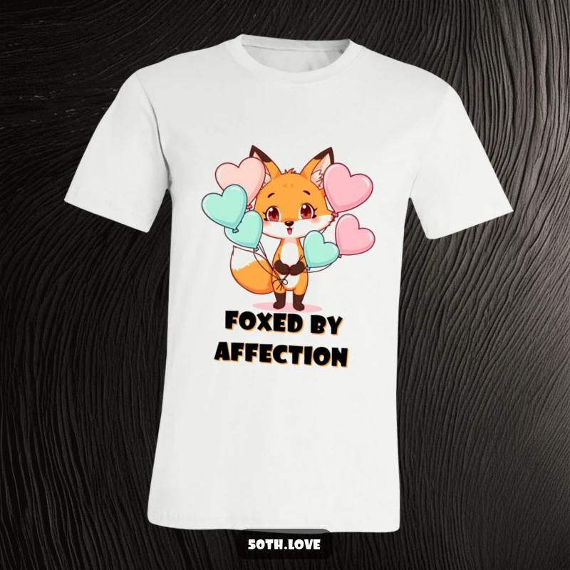Funny t-shirt featuring a fox with wide eyes and a surprised look, clutching a bouquet of red heart balloons joyfully.