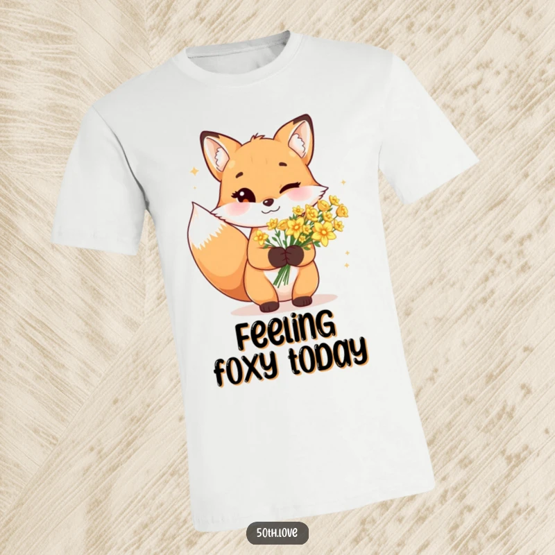 Funny t-shirt with a cheerful fox winking mischievously while holding a beautiful bouquet of sparkling golden flowers.