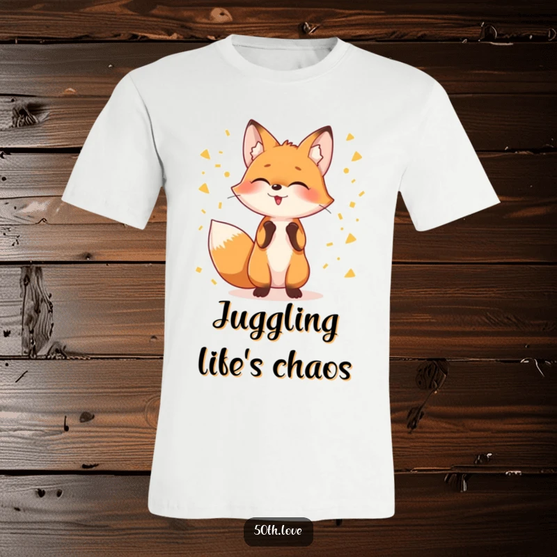 Funny t-shirt featuring a giggling fox juggling streams of golden confetti, capturing a moment of pure, unadulterated fun.