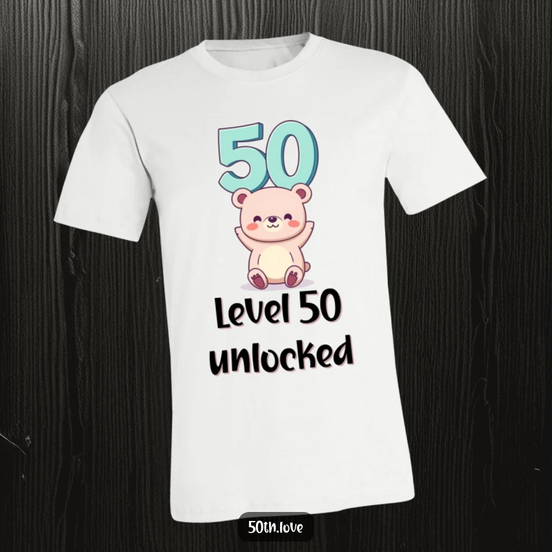 Funny 50th birthday t-shirt featuring a smiling bear balancing the number 50 on its head, perfect for any birthday bash.