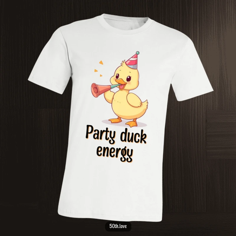 Funny t-shirt featuring a playful duckling vigorously blowing a party horn, perfect for parties and spreading festive vibes.