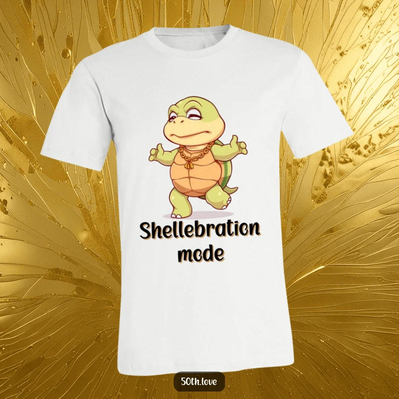 Funny 50th birthday t-shirt with an elderly turtle wearing a gold chain, doing a slow, dignified dance, perfect for celebration.