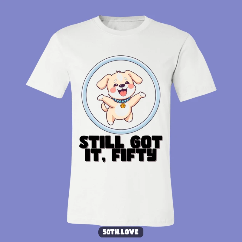 Funny Giggling Dog Jumping Through Fifty Hoop T-Shirt: A Comical Birthday Outfit