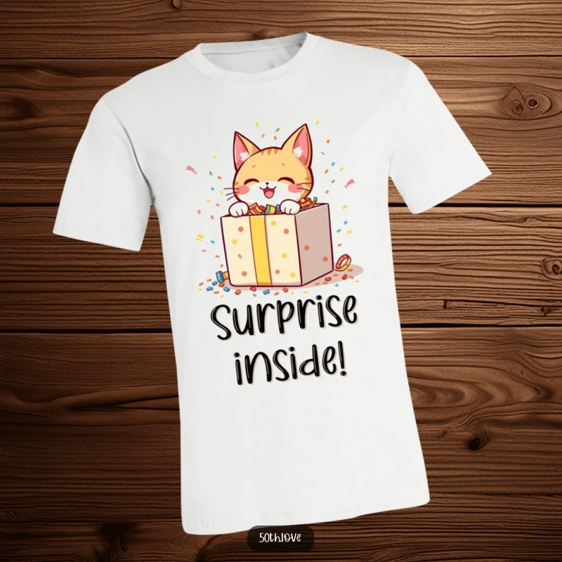 Funny t-shirt depicting a cheerful cat character eagerly unwrapping a huge gift box overflowing with colorful confetti.