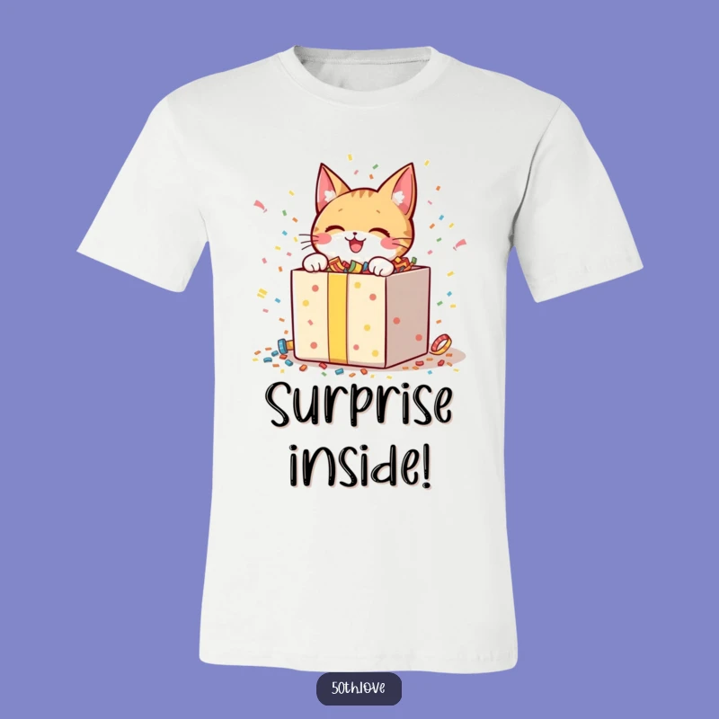 Funny Cat Unboxing T-Shirt: Cheerful Character Excitedly Opening Confetti Gift