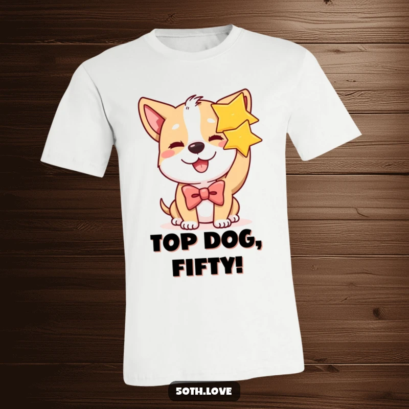 Funny dog in a bow tie winks and holds a golden star on a t-shirt, perfect for a stellar birthday celebration.