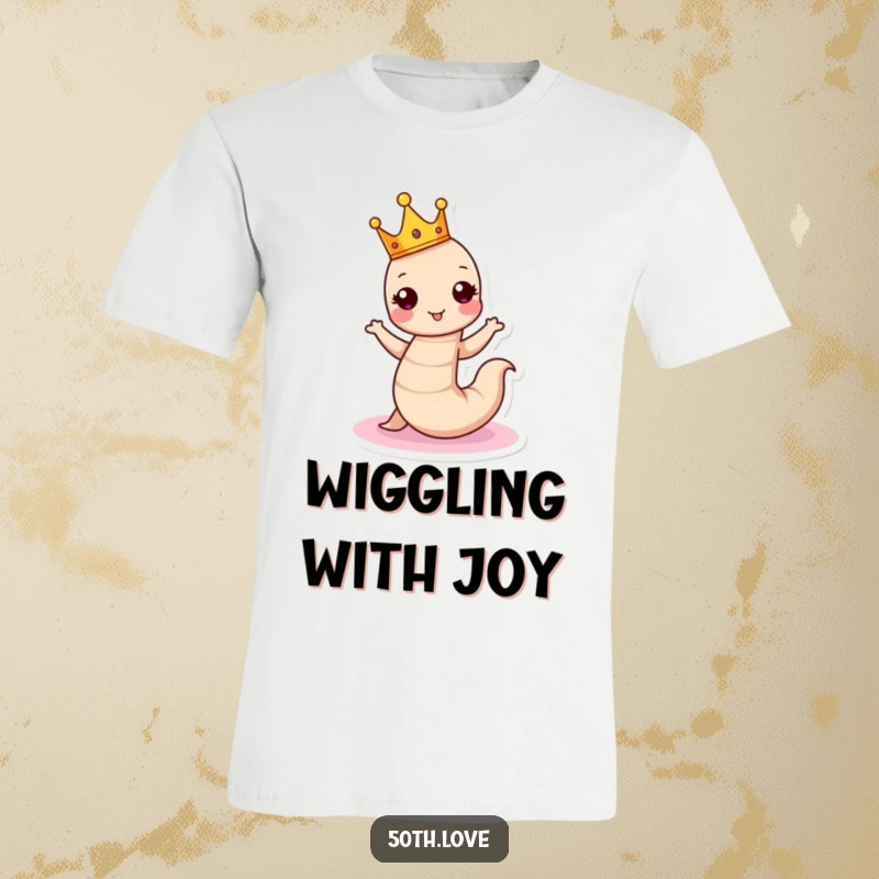 Funny birthday t-shirt with a crowned worm joyfully dancing around a birthday cake, capturing celebratory spirit.