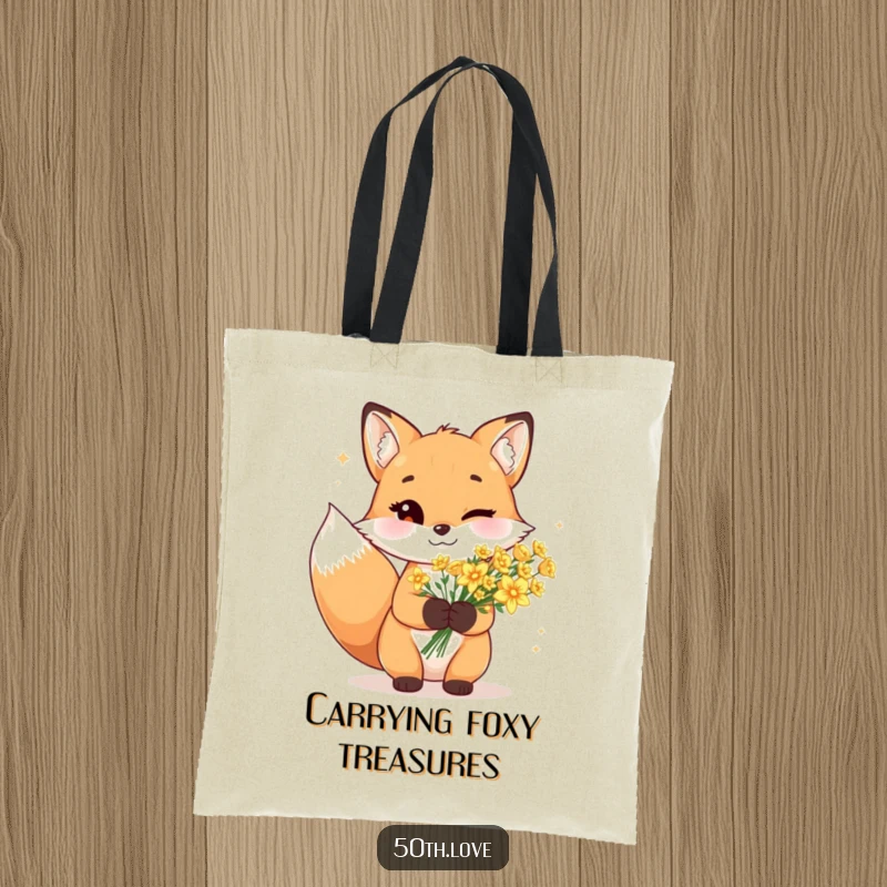 Funny fox tote bag showing a cheerful fox winking playfully, carrying a bouquet of dazzling golden flowers.
