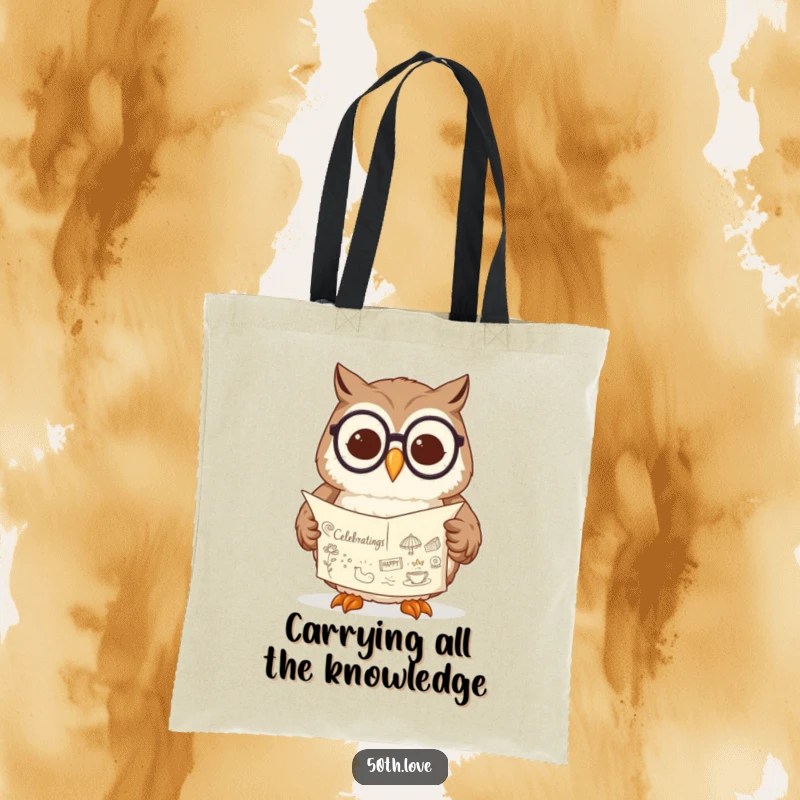 Funny owl tote bag showing a spectacled owl contentedly reading a scroll with festive, celebratory drawings and symbols.