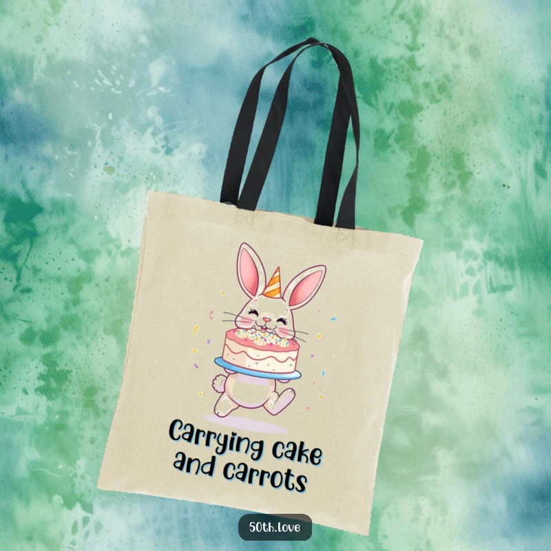 Funny 'Bunny Cake' Tote Bag: A hopping bunny presents a confetti-covered cake, perfect for carrying essentials with charm.
