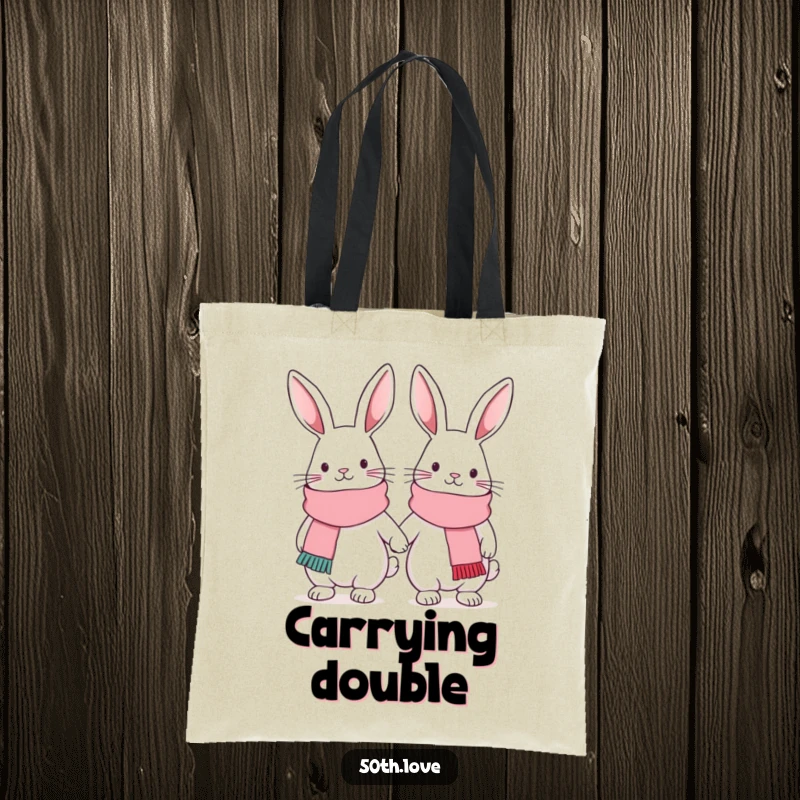 Funny friendship tote bag with two cute bunnies in matching scarves, linked arm-in-arm, perfect for carrying shared treasures.
