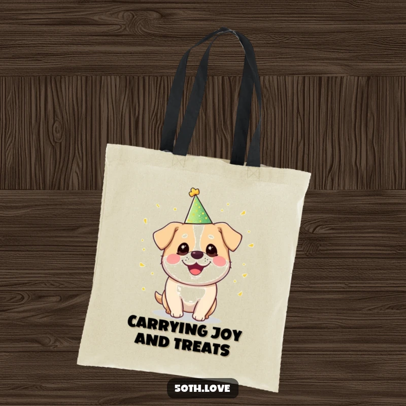 Funny 'Party Dog' Tote Bag: A smiling, round dog in a party hat juggles golden confetti, ready for any fun event.