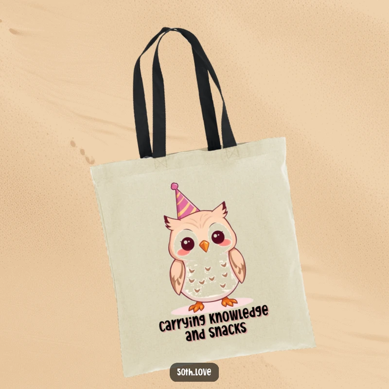 Funny 'Party Owl' Tote Bag: A cheerful owl toots a small party horn, perfect for carrying party essentials with flair.