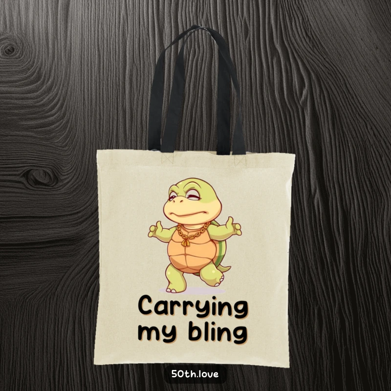 Funny 50th birthday tote bag with an elderly turtle wearing a gold chain, doing a slow, dignified dance, a humorous accessory.