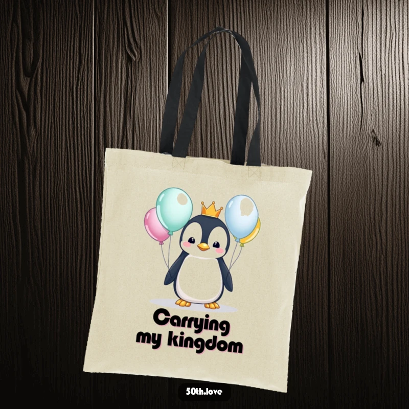 Funny penguin with a crown curiously examining shiny balloons on a tote bag, ideal for a royal birthday theme and carrying essentials.