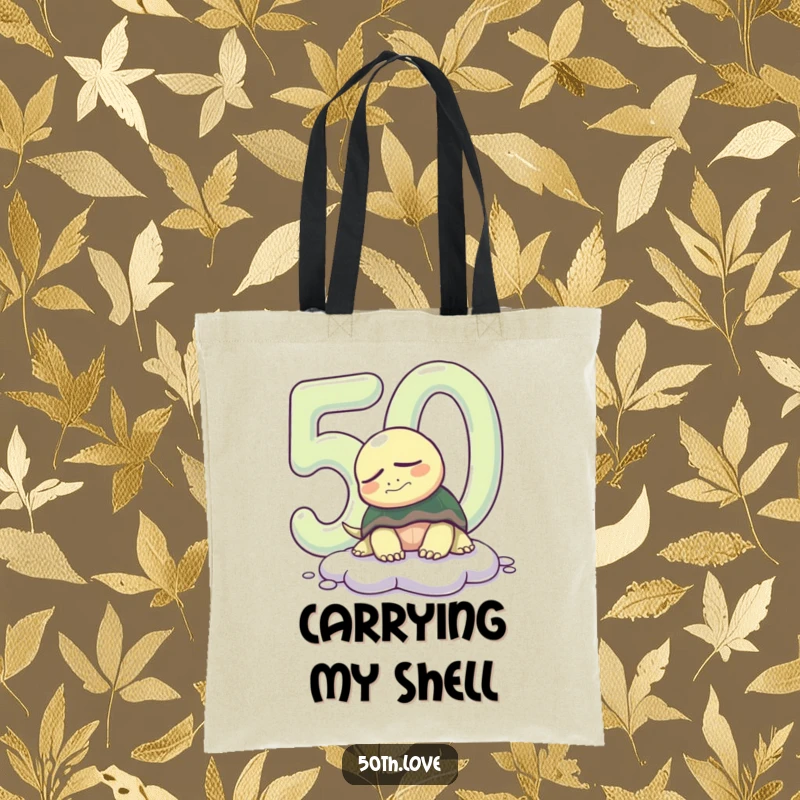 Funny 50th birthday tote bag with a sleepy turtle emerging from a number '50', great for carrying essentials with a humorous touch.