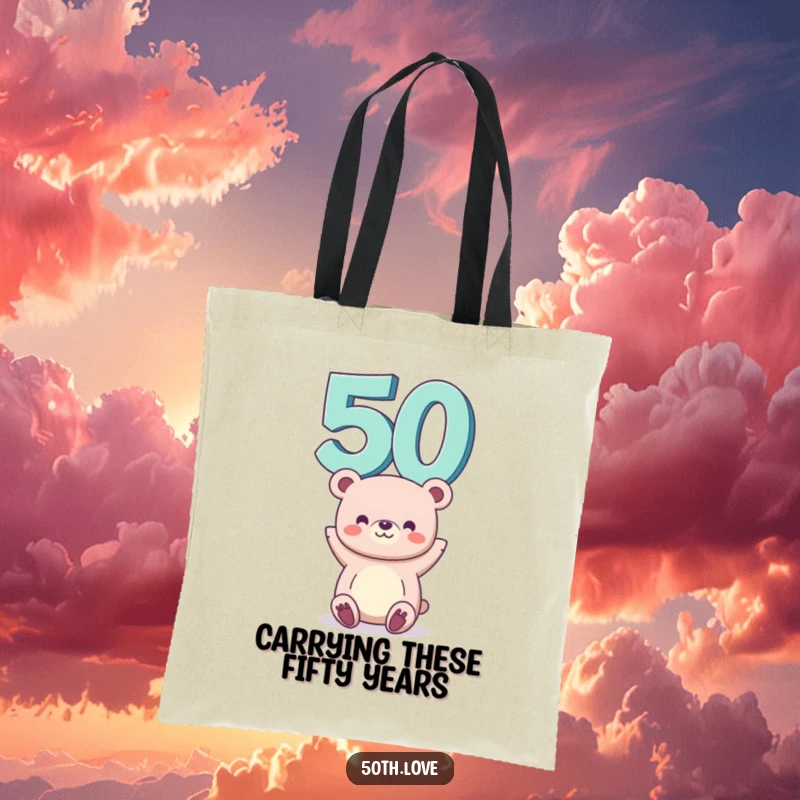 Funny 50th birthday tote bag with a smiling bear balancing the number 50 on its head, perfect for shopping and parties.