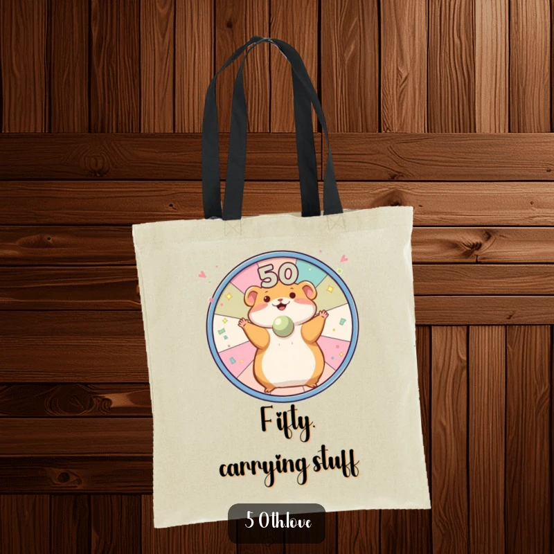 Funny hamster spinning a wheel with confetti and '50' on a tote bag, perfect for carrying birthday items with a playful vibe.