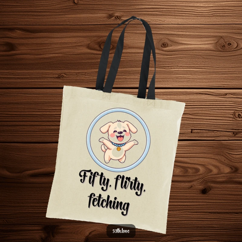 Funny dog tote bag showing a giggling puppy with a sequined collar jumping over a hoop that reads '50'.