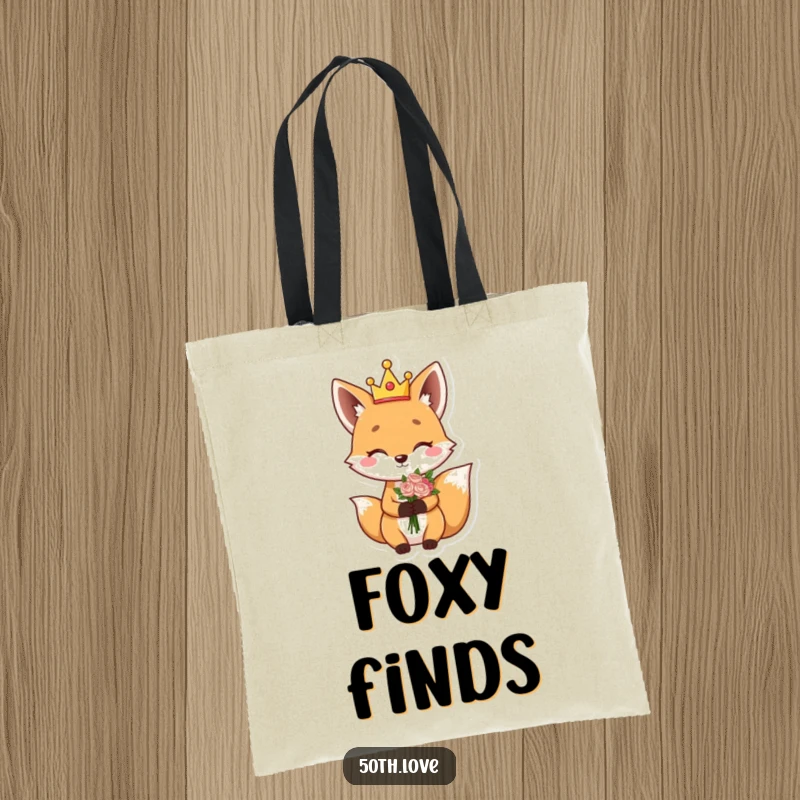 Funny tote bag featuring a giggling fox in a silly crown, winking and holding a bouquet of flowers.