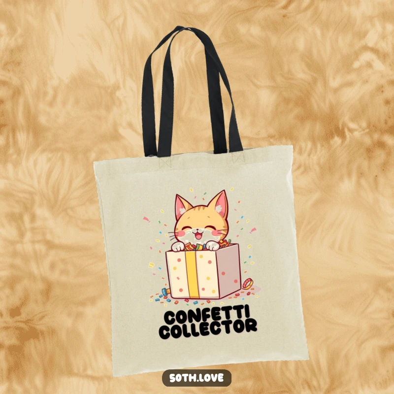 Funny tote bag showing a cheerful cat character joyfully unwrapping a large gift box showering confetti.