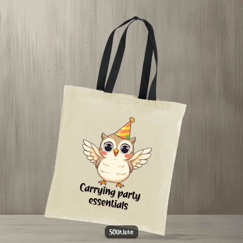 Funny tote bag featuring a cheerful owl wearing a party hat and flapping its wings, perfect for carrying party essentials.
