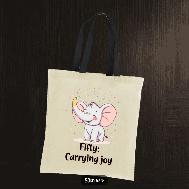 Funny tote bag showing a happy elephant trumpeting confetti from a horn shaped like the number 50.