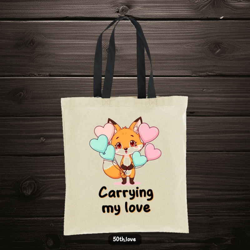 Funny tote bag featuring a fox with a shocked expression holding many heart balloons, perfect for a surprise.
