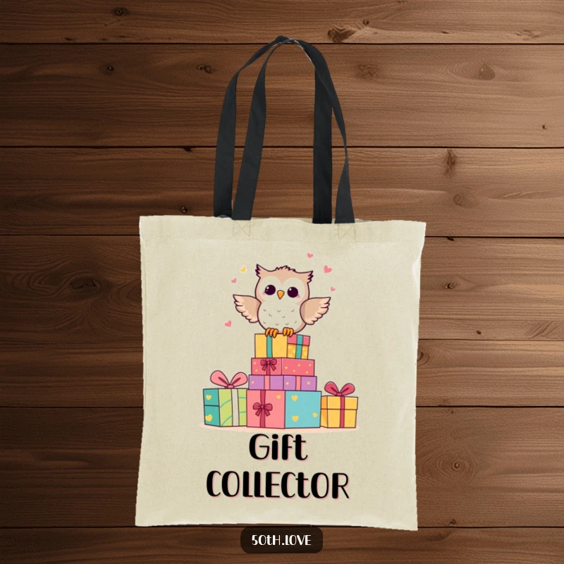 Funny tote bag showcasing a happy owl character hooting with glee on a stack of colorful anniversary gifts.